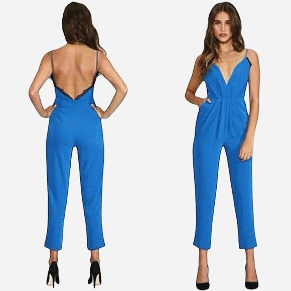 Lovers + Friends Revolve My Way Jumpsuit NWOT Blue with Black Lace Size Small - Picture 1 of 8